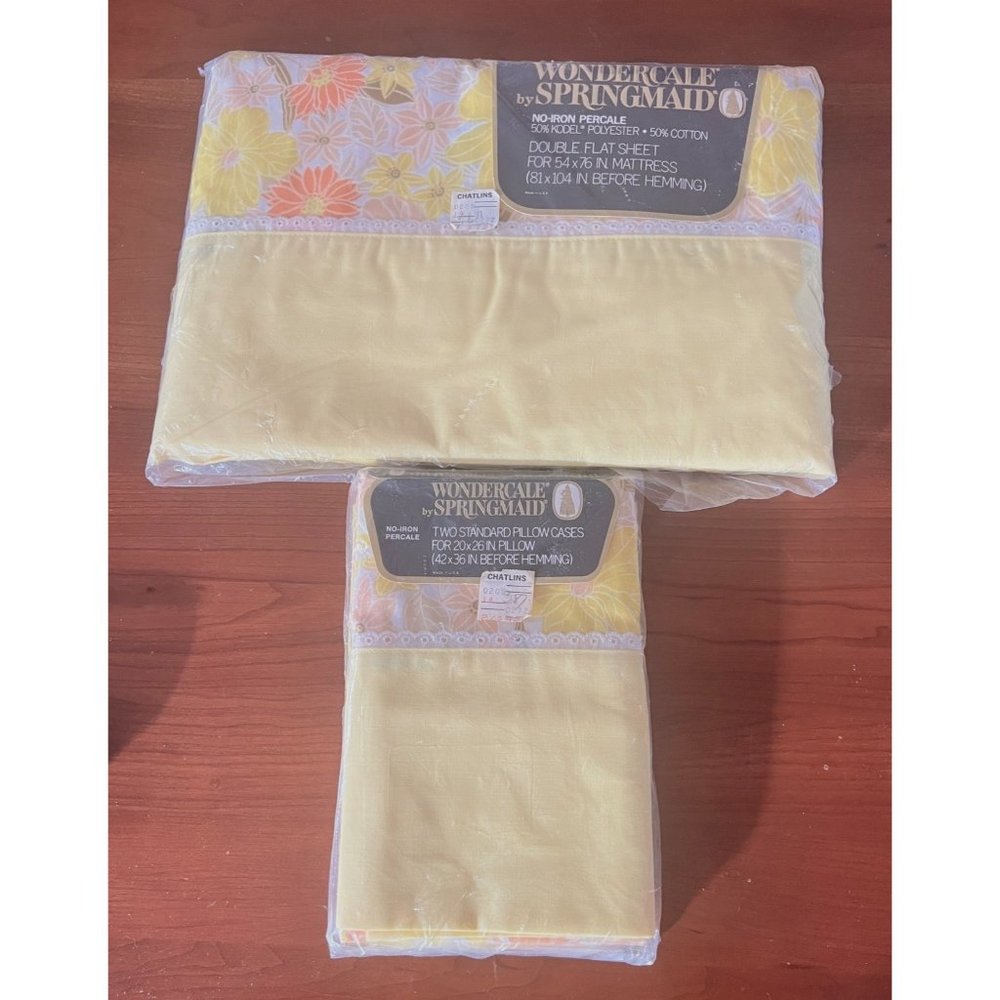 Vintage Springmaid Wondercale Flat Sheet & 2 Pillowcases Full Yellow Flowers SEA